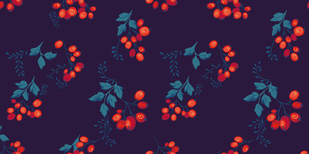 Seamless pattern with vector hand drawn abstract berries. Juniper, boxwood, viburnum, holly,...