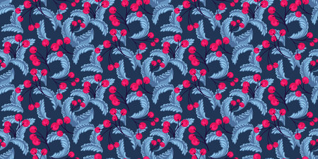 Ornate bright seamless pattern with stylized, creative branches leaves and branches berries. Vector hand drawn. Template for design, textile, surface design, fashion, wallpaperのイラスト素材