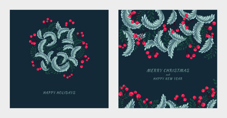 Christmas artistic templates with copy space. Set greeting cards Merry Christmas, Happy New Year with vector hand drawn decorative Christmas wreath, ornate floral frame.のイラスト素材