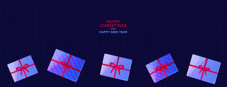Horizontal  banner Merry Christmas and Happy New year background with copy space. Vector cute gift box  on a dark blue background. Suitable for email header, post in social networks, advertising, events and page cover, banner, backgroundのイラスト素材