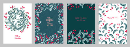 Colorful Christmas templates with copy space. Set greeting cards Merry Christmas, Happy New Year with vector hand drawn decorative, abstract, artistic Christmas wreath, ornate floral frame, winter ornamentのイラスト素材