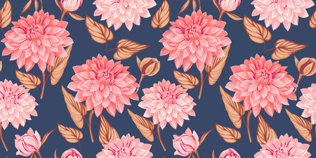 Seamless artistic orange flowers dahlias with leaves pattern. Vector hand drawn. Beautiful floral print on a turquoise background.  Template for design, textile, fashion, print, surface design, fabric, interior decor, wallpaperのイラスト素材