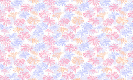 Seamless pattern colorful silhouettes  textures shape flowers. Vector hand drawn sketch . Floral print. Template  for textile, surface design, fabric, interior decor, fashion, wallpaper.のイラスト素材