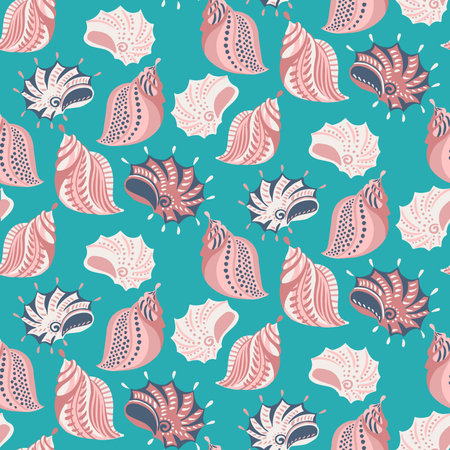 Trendy Sea seamless pattern with pastel seashells. Marine bright print. Vector doodle hand drawn sketch. Retro summer background. Design for fashion, textile, fabric, wallpaperのイラスト素材