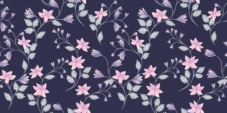 Elegant gently retro branches with flowers bells seamless pattern. Vector hand drawn. Artistic, abstract pink branches floral and leaves, buds on a dark blue back print. Design for fashion, textile, fabric, wallpaperのイラスト素材