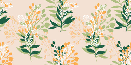 Artistic, modern, colorful, seamless pattern with floral branches and leaves, drops, spots. Vector hand drawn sketch. Creative stylized light silhouette leaf stems print. Template for design, textile, fashion, surface design, fabric, interior decor, wallpaperのイラスト素材