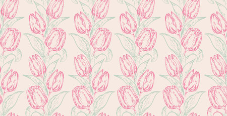Vector hand drawn sketch silhouettes flowers tulips seamless pattern. Botanical illustration. Simple light floral print. Template for design, textile, fashion, surface design, fabric, interior decor, wallpaperのイラスト素材
