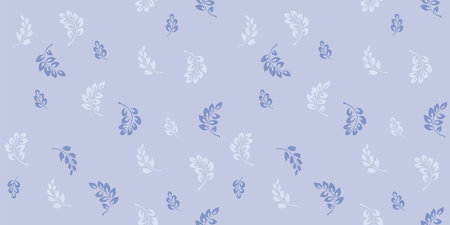 Minimalist seamless pattern with vector hand draw creative, cute, tiny branches leaves, drops. Monotone simple pastel blue botanical print. Template for design, textile, fashion, surface design, fabric, interior decor, wallpaperのイラスト素材