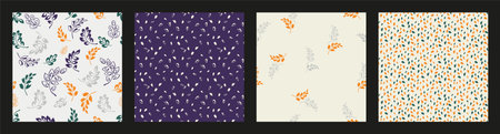 Set of abstract square seamless pattern tiny branches leaves, sketch drops, lines, striped, random dots. Trendy vector hand drawn sketch simple colorful background textured. Design for fabric, fashion, textile, wallpaper, surface designのイラスト素材
