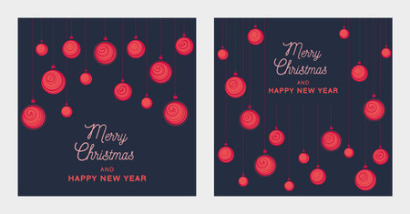Set universal Christmas, New Year cards with vector hand drawn Christmas balls. Frame with copy space. Template of printing, poster, corporate invitation, greeting cards.のイラスト素材