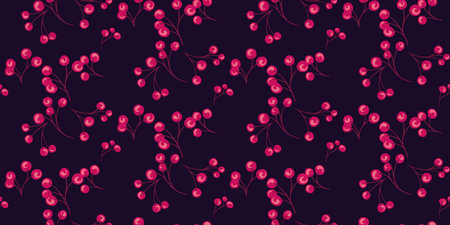 Seamless pattern with branches red berries on a dark background. Juniper, boxwood, viburnum, barberry. Botanical illustration. Vector hand drawn sketch. Template for textile, fashion, print.のイラスト素材