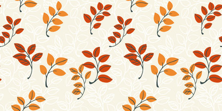 Seamless abstract pattern of branches leaves. Doodle leaf and line of leaves. Cute leaves scattered randomly on a light background. Vector hand drawn sketch. Template for textile, fashion, printのイラスト素材