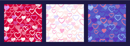 Colorful seamless pattern with hand drawn vector shape hearts. Print with set textured heart silhouettes outline. Valentine, love background. Template for textile, fashion, surface design, fabricのイラスト素材