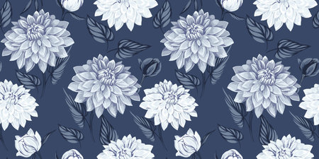 Artistic dahlia flowers with leaves seamless pattern. Vector hand drawn. Beautiful grey floral print. Template for design, textile, fashion, surface design, fabric, interior decor, wallpaperのイラスト素材