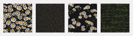 Collage of set seamless patterns simple art chamomiles flowers on a black background. Vector hand drawn sketch stylized abstract branch, flowers printing with random spots, polka dots, linesのイラスト素材