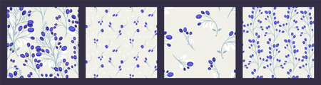 Pastel blue stylized winter collage of set seamless patterns print creative, abstract branches tiny...