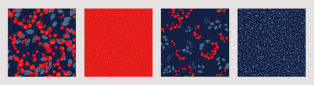 Bright red collage of set seamless patterns with stylized branches berries, creative shapes juniper, boxwood, viburnum, barberry, abstract print, random spots, polka dots. Vector hand drawn sketch.のイラスト素材