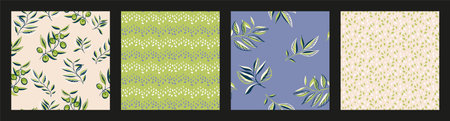 Green blue collage of set seamless patterns with creative simple olive branches, abstract berries, leaves, random drops, spots, polka dots.Vector hand drawn sketch.Templates for design, printingのイラスト素材