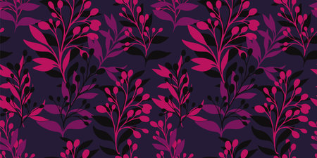 Artistic abstract seamless pattern with shapes leaves and branches. Vector hand drawn silhouette contour. Collage monotone dark tropical botanical burgundy background. Template for design, patternedのイラスト素材