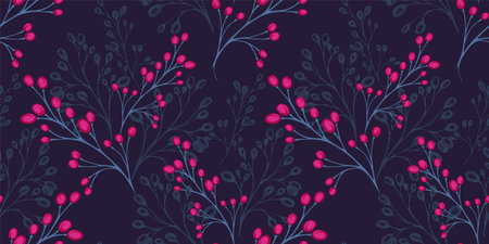 Dark elegance abstract seamless pattern with decorative creative branches with shapes stylized berries drops, dots, spots. Vector hand drawn. Collage template for designs, patterned, printのイラスト素材