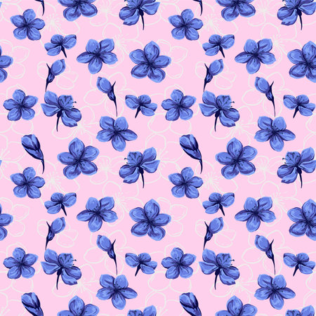 Abstract artistic blue flowers and buds seamless pattern on a pink background. Vector hand drawn illustration. Colorful blossoms wild floral printing. Template for designs, textiles, fabricのイラスト素材