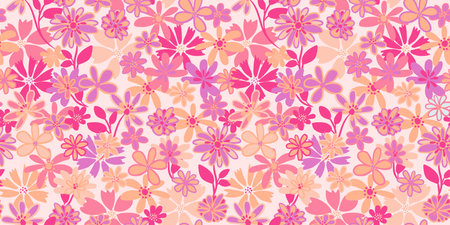 Colorful pink cute seamless pattern with abstract creative groovy flowers. Vector hand drawn sketch shapes, ditsy meadow. Template for designs, notebook cover, childish textilesのイラスト素材