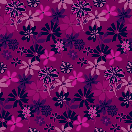 Seamless pattern with simple shapes creative flowers. Vector hand drawn sketch doodle. Abstract burgundy background with ditsy floral printing. Template for designs, notebook cover, childish textilesのイラスト素材