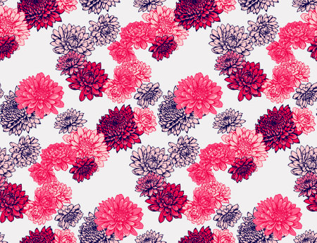 Beautiful red floral seamless pattern on a white background. Abstract artistic large flowers dahlias, peonies, chrysanthemums printing. Vector drawn illustration. Template for designs, fabricのイラスト素材