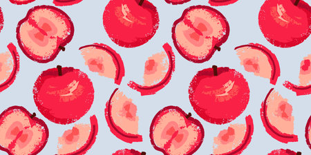 Colorful seamless pattern with abstract texture red apples and apple slices on a blue background. Vector hand drawn sketch apples print. Collage template for designs, textilesのイラスト素材