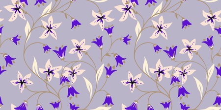 Stylized gently branches with flowers bells intertwined in a seamless pattern on a pastel background. Vector drawn sketch. Abstract artistic wild floral stems with leaves, buds printing.のイラスト素材