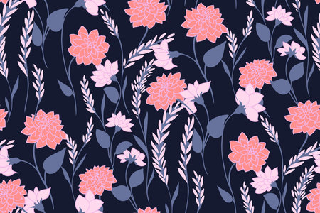 Colorful seamless pattern with branches ditsy flowers leaves and buds. Vector hand drawn abstract, artistic floral stems. Blooming wild meadow print on black background. Template for designsのイラスト素材