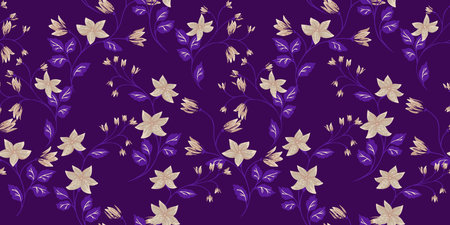 Elegance monotone seamless pattern with branches with tiny flowers bells, small leaves. Vector hand drawn illustration. Abstract artistic floral stems printing intertwined in a violet background.のイラスト素材