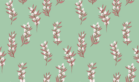 Abstract, artistic branches with tiny buds flowers and small leaves scattered randomly in a seamless pattern. Pastel mint background with creative floral stems printing. Vector hand drawing sketch.のイラスト素材