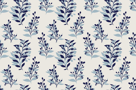 Plain pattern with blue abstract shapes branches leaves on a light background. Vector hand drawing sketch. Creative unique floral stems seamless print. Design for fashion, fabric, wallpaper, textilesのイラスト素材