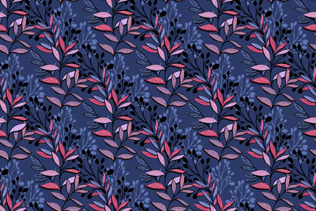 Abstract artistic jungle pattern with unique branches, leaves, leaf pattern on a dark blue background. Creative colorful botanical contemporary seamless printing. Vector hand drawing illustration. Designs for fabric, cover, textiles, fashionのイラスト素材