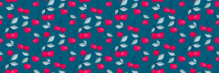 Summer turquoise pattern with abstract artistic cherry with leaves. Creative berries, fruits, leaf,...