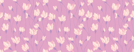 Pastel purple pattern with creative intertwined florals stems. Abstract branches with tiny flower buds seamless print on a violet background. Vector hand drawing. Simple ornament for designs, textilesのイラスト素材