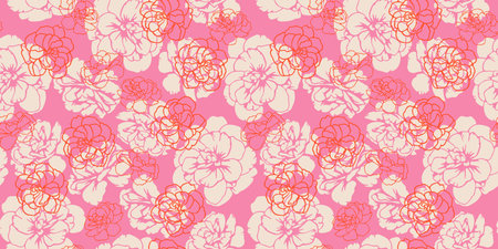 Abstract shapes buttercups, pansies flowers seamless pattern on a pink background. Creative contour silhouettes, lines, outlines floral print. Unique nature ornament for designsのイラスト素材