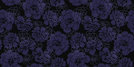 Dark seamless pattern with abstract shapes buttercups, pansies flowers. Creative contour silhouettes, lines, outlines floral print. Vector hand drawn. Unique nature ornament for designsのイラスト素材