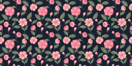 Abstract creative flowers and leaves seamless pattern on a dark background. Vector hand drawn blooming floral print. Ornament for designs, children textiles, notebook coverのイラスト素材