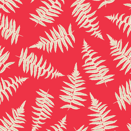 Abstract artistic leaves fern seamless pattern. Vector hand drawing. Stylized leaf stems print on a red background. Simple ornament for designs, textile, fabric, coverのイラスト素材