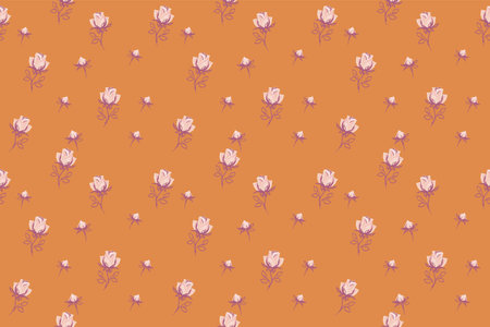 Seamless floral pattern with abstract tiny rose, buds. Cute ditsy flowers print on a vintage yellow background. Vector hand drawn sketch. Minimalist ornament for surface designs, children textiles,のイラスト素材