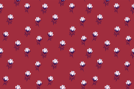Seamless tiny floral pattern with abstract cute rose on burgundy background. Vector hand drawn sketch ditsy flowers print. Minimalist ornament for cover, fabric, surface designs, children textiles,のイラスト素材