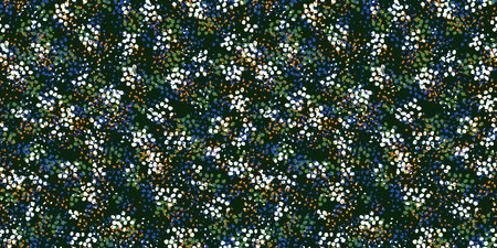 Multicolored texture spotted seamless pattern. Vector hand drawn ornament with abstract shape, dots, spots, drops snowflakes on a black background.のイラスト素材