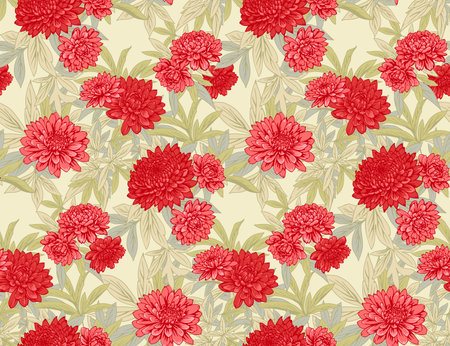 Blooming summer seamless floral pattern. Abstract artistic chrysanthemum peonies dahlias flowers on branches leaves print. Vector drawn illustration. Nature ornamentのイラスト素材