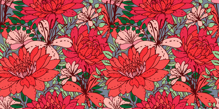 Colorful floral seamless pattern. Blooming meadow plants. Artistic abstract flowers and leaves repeated print. Vector drawn botanical illustration. Nature ornamentのイラスト素材