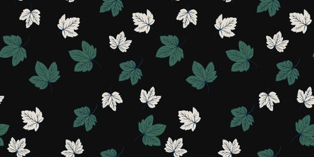 Minimalist seamless pattern featuring green and white leaves on a black background. The simple elegant design is perfect for fabric, wallpaper, packaging, home decor, giving natural, stylish touch.のイラスト素材