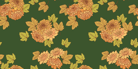 Seamless abstract artistic flowers pattern on green background. Vector drawn illustration fall florals. Stylized bouquet dahlia peonies chrysanthemum printing. Nature ornament for designs, fabricのイラスト素材