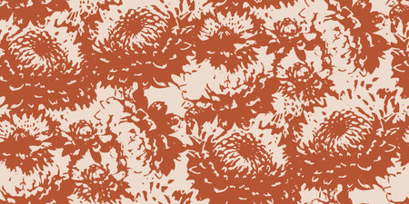 A bold floral seamless pattern featuring large, abstract chrysanthemum flowers in brown brushstroke style on a light background. Ideal for textiles, wallpapers, packaging, and modern decor designs.のイラスト素材