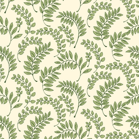 Elegant seamless pattern with green leaf motifs on a light background. Delicate botanical design with fine details in neutral tones, perfect for textiles, packaging, interior design, and stationery.のイラスト素材